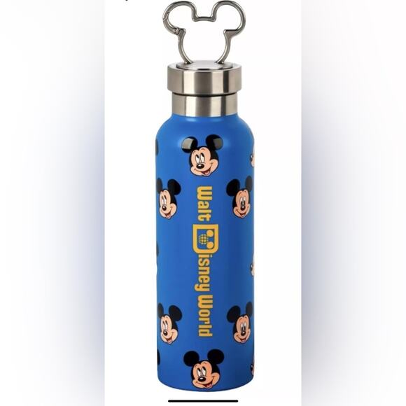DISNEY PARKS  MICKEY MOUSE STAINLESS STEEL WATER BOTTLE W MICKEY ICON CLASP TOP - Picture 1 of 3